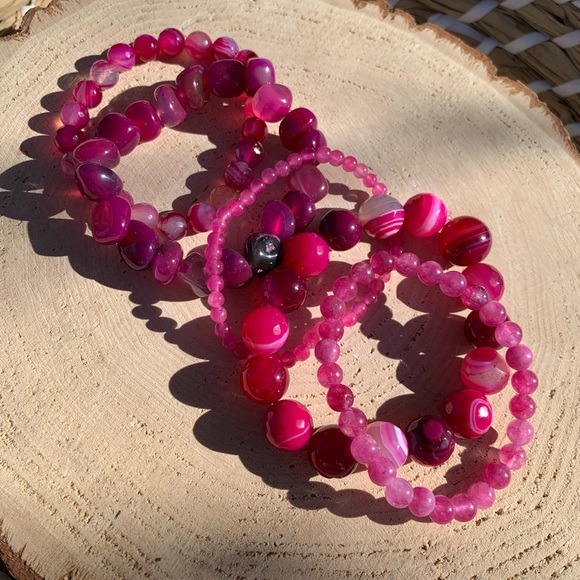 Natural Pink Striped Agate & Genuine Tourmaline Pink Quartz Gemstone Bracelet - Picture 12 of 15